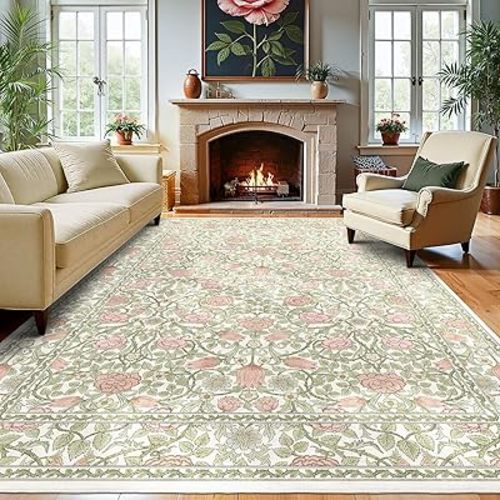 GarveeHome Pink and Green Vintage Floral Washable Rugs 8x10 for Living Room Boho Retro Botanical Rug Low Pile Stain Resistance Non Slip Carpet for Bedroom Nursery Dining Room