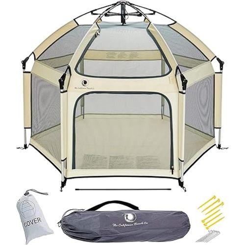 POP 'N GO Baby Playpen - Indoor & Outdoor Playpen for Babies and Toddlers - Baby Beach Tent, Foldable, Portable W/Canopy, Travel Bag, & Mosquito Net - Pop Up Pack and Play Tent (Warm Ivory)