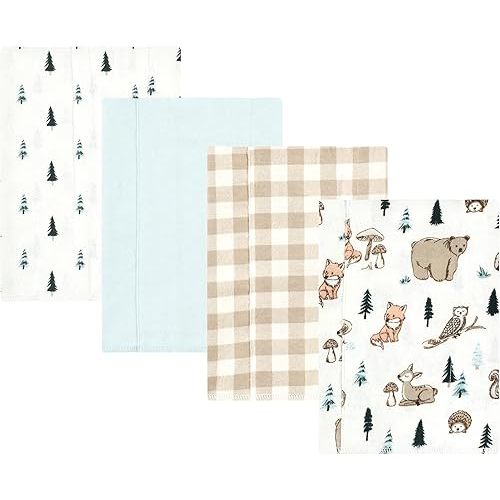 Hudson Baby Unisex Baby Cotton Flannel Burp Cloths, Boy Woodland Pals 4-Pack, One Size
