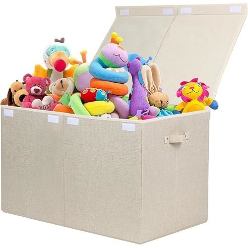 popoly 122L Large Toy Box Chest with Lid, Foldable Toy Storage Organizer Bin Boxes with Removable Divider for Kids, Boys, Girls, Nursery, Playroom, 26"x17" x17" (Linen Beige)