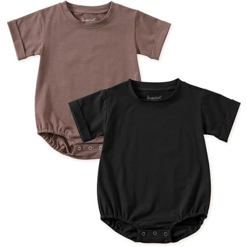 Jimonda Baby Bubble Rompers Boy Girl Solid Color T-Shirt Outfits Short Sleeve Button Bodysuit Cotton Tops Clothes 2Pcs