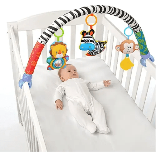 Baby Travel Play Arch Stroller/Crib Accessory,Cloth Animmal Toy and Pram Activity Bar with Rattle/Squeak/Teethers(Stripe)