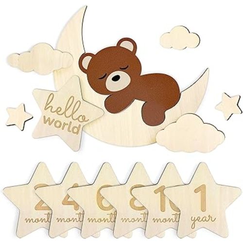 Baby Monthly Milestone Wooden Circles, Hello World Newborn Sign, Month Baby Milestone Signs for Newborn Photography Props, Dreamy Bear Monthly Milestone Edition Wood Discs for Unisex Baby Boy & Girl