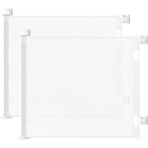 2PCS Retractable Baby Gates, Mesh Dog Gate for Doorways, 33.6" Tall, Expands to 55" Wide,Pet Safety Essential Fit for Baseboards, Wide Toddlers Gates for Hallways, Indoor & Outdoor,White