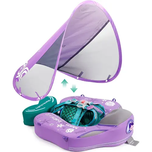 Mambobaby Float Upgrade Add Tail Baby Float with Canopy for Infant Waist Swimming Ring Swim Trainer Non-Inflatable Floats Toys with Adjustable Safety Strap (Purple Mermaid)
