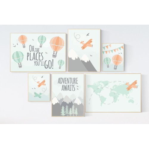 Hot air balloon nursery, oh the places you'll go nursery prints, gender neutral nursery decor, nursery wall art boy airplane, nursery set