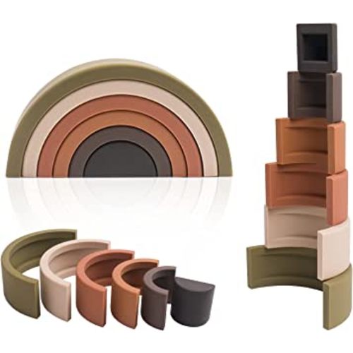 TOYHDAYO Rainbow Stacker 6PC Early Childhood Montessori Toys Nesting Puzzle Building Blocks Silicone Stacking Toys Educational Toys, Army Green Series