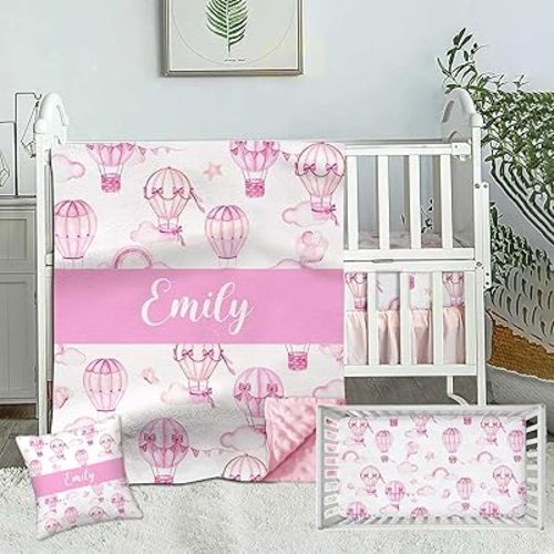 Personalized Name Baby Crib Bedding Set for Girls, Custom 3 Piece Baby Crib Sets, Minky Dotted Backing Blanket, Fitted Sheet, Pink Hot Air Balloon Nursery Crib Set for Newborn Toddler Infant