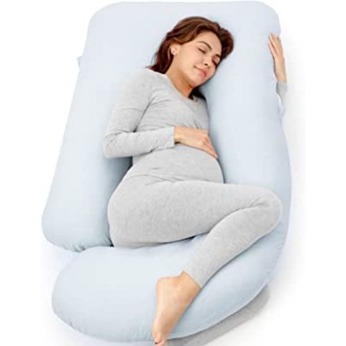 Momcozy Pregnancy Pillows for Sleeping, U Shaped Full Body Pillow 57 Inch for Pregnant Women with Back, Hip, Leg, Belly Support, Washable Jersey Cotton Cover Included, Light Blue