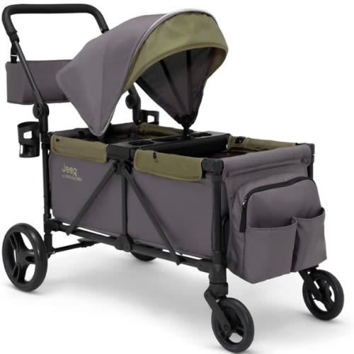 Amazon.com : Jeep Sport All-Terrain Stroller Wagon by Delta Children - Includes Canopy, Parent Organizer, Adjustable Handlebar, Snack Tray & Cup Holders, Grey/Olive Green : Baby