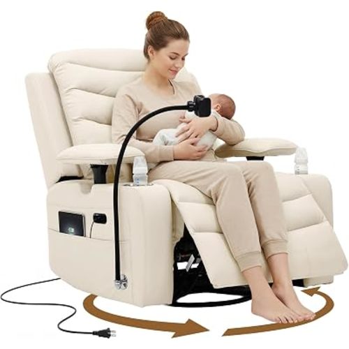 Olela Power Glider Recliner Nursery Chair, Swivel Rocking Chair, Beige
