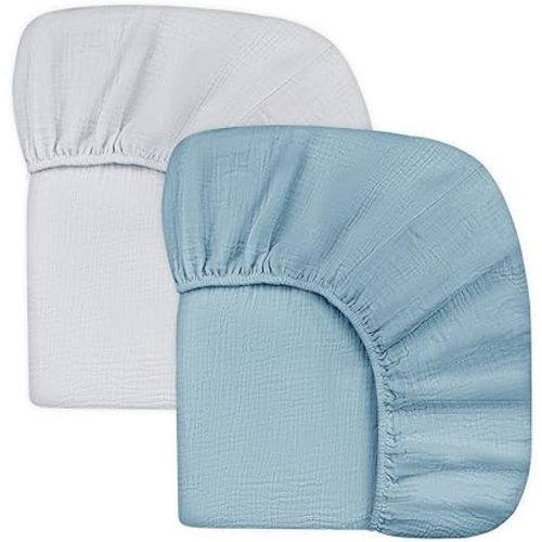 Muslin Crib Sheets for Boys Girls, Hooyax Neutral Baby Crib Fitted Sheets, Boho Soft Crib Mattress Sheet for Standard Crib Mattress & Toddler Mattress 52" x 28", 2 Pack (Blue & Grey)
