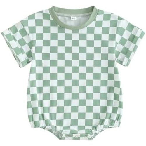Karuedoo Newborn Baby Boy Girl Clothes Checkered T-Shirt Bubble Romper Oversized Short Sleeve Onesie One-Piece Summer Outfit