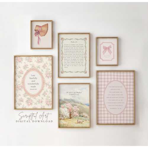 Pink Christian Nursery Gallery Wall Art Set of 6 Vintage Cottagecore Bible Prints Girls Room Decor Floral Scripture Posters Digital Download