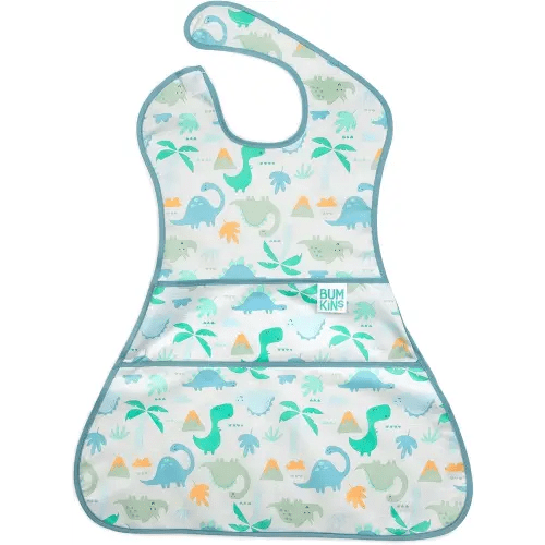 Bumkins Bibs for Girl or Boy, SuperBib Baby and Toddler for 6-24 Months, Full Cover Large Oversize, Essential Must Have for Eating, Feeding, Car Seat, Baby Led Weaning, Mess Saving, Dinosaur Gray