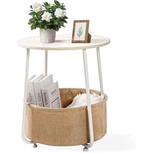 Round Side Table, End Tables for Living Room, Small Bed Side Table, Modern White Night Stand for Bedside, Nursery, Bedroom with Cloth Storage Basket