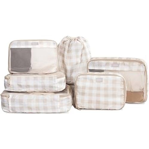 Jadyn Packing Cubes for Travel, 6-Piece Large Packing Cube Organizer Set for Suitcase, Duffel Bag, Luggage, Multiple Sizes Travel Essentials (Beige Gingham)