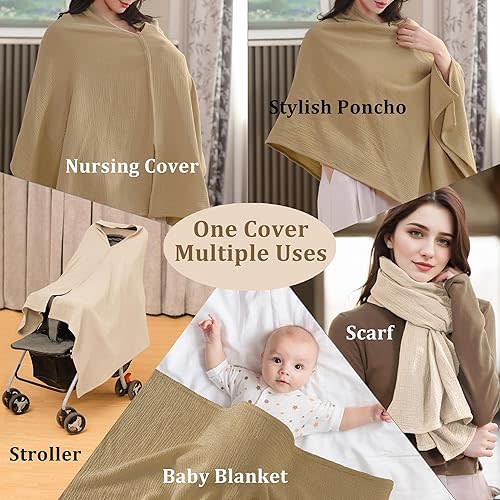 2-Pack Nursing Covers for Breastfeeding, 100% Organic Cotton Muslin Breastfeeding Cover, Multi-Use Nursing Scarf, Car Seat Canopy, Stroller Cover, Soft Breathable Baby Blanket Khaki Brown