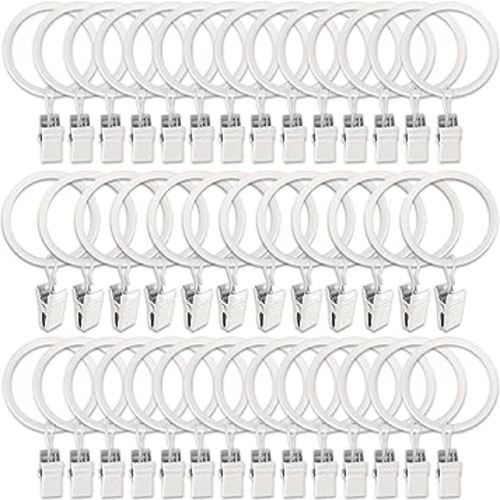 AMZSEVEN 40 Pack Metal Curtain Rings with Clips, Drapery Clips Hooks, Decorative Curtain Rod Clips Hangers 1.5 Inch Interior Diameter Eyelets, Rustproof White