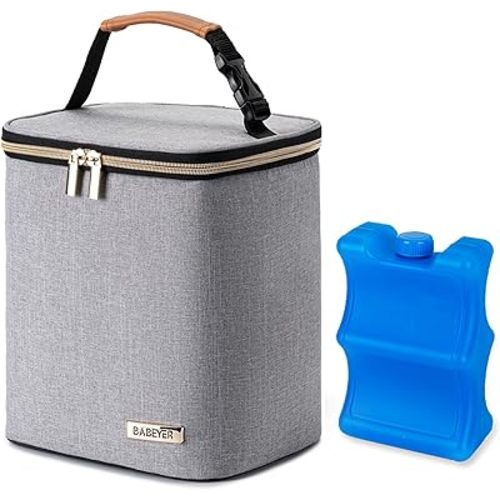 Breast Milk Cooler Bag with Ice Pack Fits 4 Baby Bottles Up to 9 Ounce, Baby Bottle Bag for Nursing Mom Daycare, Grey