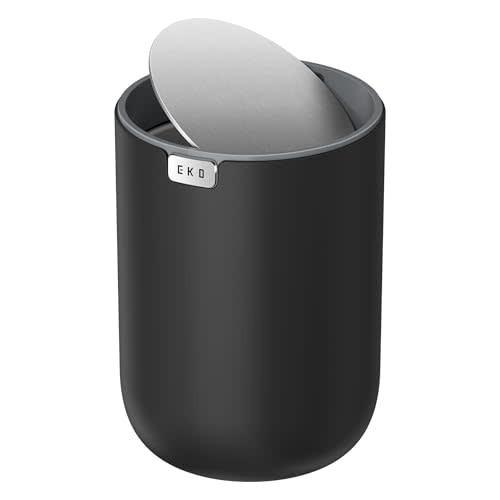 EKO Fandy 0.58 Gal/2.2L Mini Trash Can with Lid, Swing-Top Desktop Trash Can for Bathroom, Countertop, Vanity, Desk or Office, Small Garbage Bin (Black)
