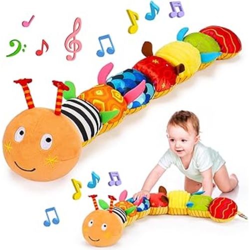 Baby Sensory Caterpillar Toys 0-3 Month Music Animal Stuffed Plush Toy for Infant 0-3-6-12 Month Tummy Time with Crinkle Rattle for Newborn 9-12 Month Texture Toy for Boy Girl Birthday Easter Gifts