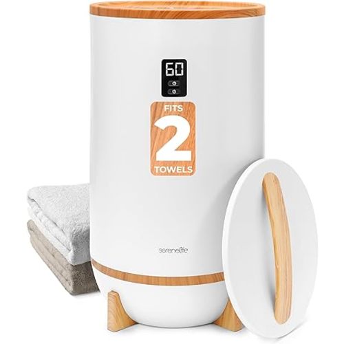 SereneLife Towel and Blanket Warmer - Single Touch Portable Towel Heater for Bathroom, Fragrant Disc Holder, LED Ring, 2 Large Towel Capacity, Built-in Timer (15-60 mins), Auto Shut-Off (White)