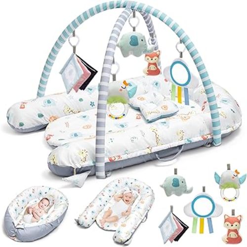 Baby Gym Play Mat, Baby Lounger, 7-in-1 Tummy Time Activity Mat, Washable Newborn Nest, Portable Infant Floor Seat for Home & Travel, Baby Essentials Gift, Develops Visual & Hearing & Sensory & Motor