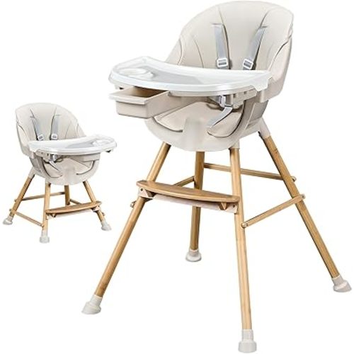 3-in-1 Wooden Baby High Chair, Convertible High Chairs for Babies and Toddlers, Baby High Chair with Adjustable Wooden Legs &Removable Tray, Easy to Clean
