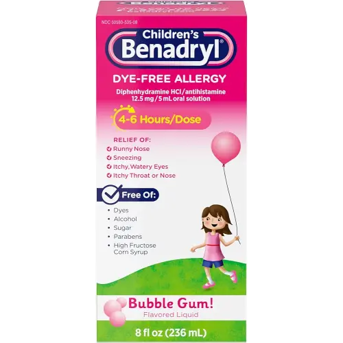 Benadryl Children's Dye-Free Allergy Relief Liquid + 12.5 mg Diphenhydramine HCl, Antihistamine Allergy Medicine for Kids Helps Relieve Runny Nose & Sneezing, Bubble Gum Flavor, 8 fl. oz