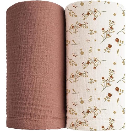 Konssy 2 Pack Muslin Swaddle Blankets for Baby Boys Girls, Receiving Blanket Large 47 x 47 inches, Soft Breathable Muslin Baby Blanket for Unisex Newborn(Chestnut, Floral) - Chestnut,floral