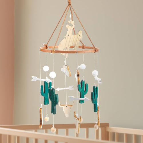 Western Cowboy Baby Mobile for Crib Boho Ceiling Nursery Mobile Wood Wind Chime Hanging Cactus Horse Hat Western Nursery Bassinet Decoration for Room Decor Photography Prop Newborn Gift
