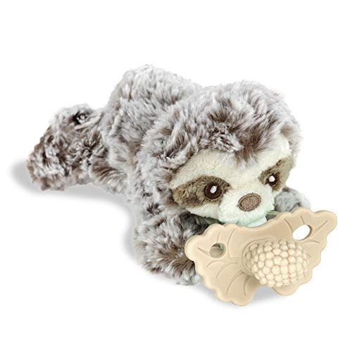 RaZbaby RaZberry Teether, Holder w/ Detachable Baby Teething Toy, Textured BerryBumps Soothe Sore Gums, Machine Washable Stuffed Animal RaZbuddy, All Ages 0M+, Easy to Hold or Hands-Free – Sloth/Tan