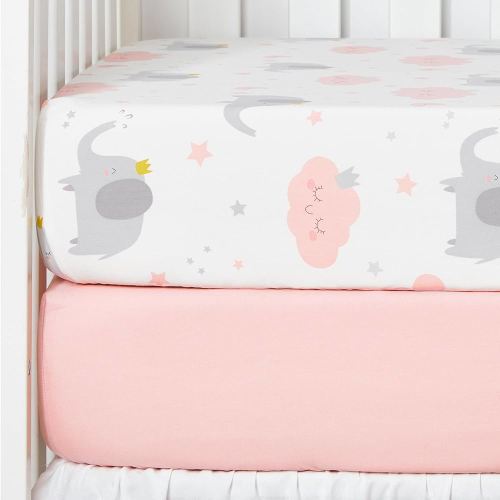 TILLYOU 2 Pack Fitted Crib Sheet Set - 100% Natural Cotton Toddler Bed Mattress Sheets,Standard 28”x 52”, Elephants Clouds&Pink