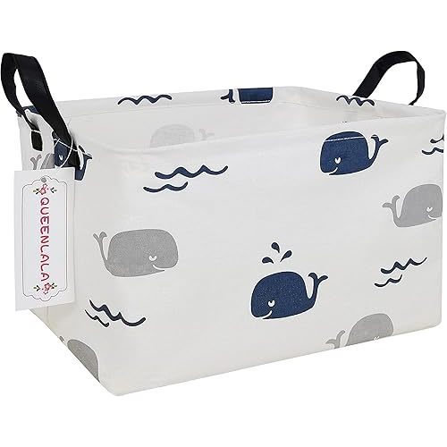 QUEENLALA Rectangular Laundry Hamper/Foldable Nursery Laundry Basket for Organizing/Storage Bin Baskets/Children Toy Office Bedroom/Toy Bin Closet Shelf Rec-Blue Cute Whale)