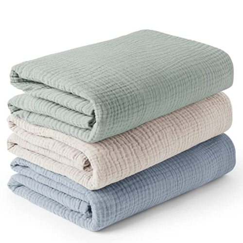 Konssy 3 Pack Muslin Swaddle Blankets for Unisex, Newborn Receiving Blanket, Large 47 x 47 inches, Soft Breathable Muslin Baby Swaddles for Boys & Girls - Blue