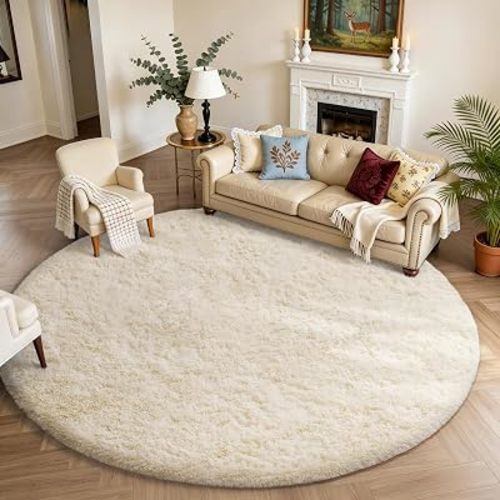 Ophanie Round Rugs 8Ft Ivory Circle Area Rug Washable, Large Living Room Aesthetic Decor, Fluffy Fuzzy Bedroom Big Carpet,Plush Soft Shaggy Cream for Kids Home Nursery with Over 99 pcs Pile fibers