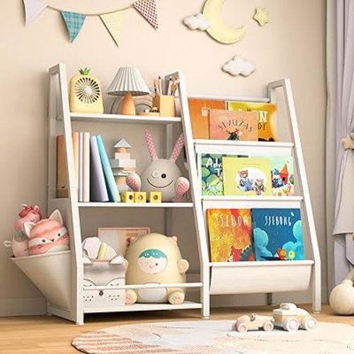 Kids Bookshelf with Extra Pocket, 3 Tier Toddler Bookshelf and Toy Storage Organizer for Kids, Kids Bookcase Nursery Book Shelf for Kids Room, Bedroom, Playroom and Nursery, White