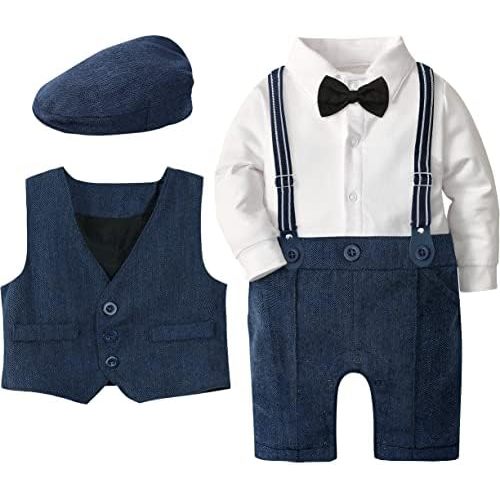 A&J DESIGN 4pcs Baby Boys Suit, 3 Months - 18 Months, Gentleman Romper & Vest & Berets Hat & Bow Tie