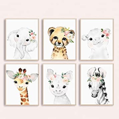 Nursery Wall Art for Baby Girl - Baby Safari Animal Floral Art Prints - Blush Nursery Decor