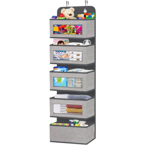 homyfort Over The Door Hanging Organizer Storage with 5 Large Pockets,Wall Mount Clear Windows and 2 Widened Metal Hooks for Pantry,Nursery,Diapers,Bathroom,Kitchen,Closet,Dorm(Grey)