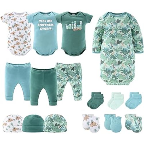 The Peanutshell Baby Layette Gift Set for Baby Boys or Girls - 16 Piece New Born Baby Unisex Gift Set, Baby Clothes & Newborn Essentials Must Haves - Newborn Baby Clothes 0-3 Months - Wild Jungle