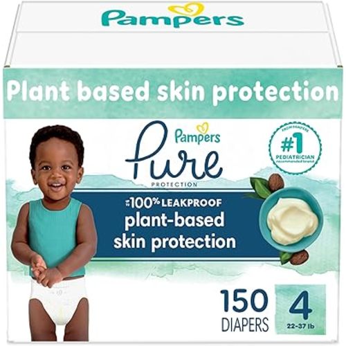 Pampers Pure Protection Diapers - Size 4, One Month Supply (150 Count), Hypoallergenic Premium Disposable Baby Diapers