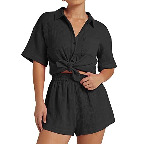 Flygo Womens Casual 2 Piece Outfits Cotton Linen Sets Button Down Oversized Shirt Shorts 2026 Pajama Lounge Beach Set