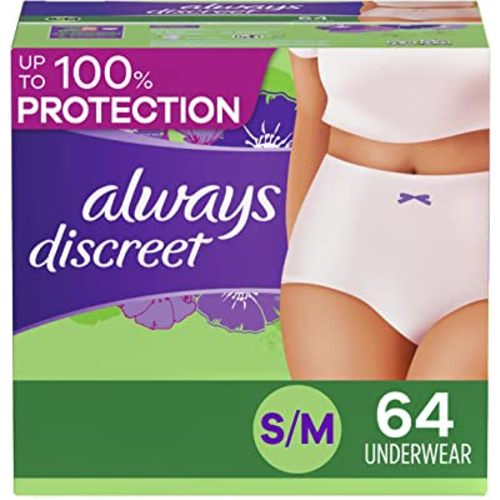 Always Discreet Adult Incontinence & Postpartum Underwear For Women, Size Small/Medium, Maximum Absorbency, Disposable, 32 Count x 2 Packs (64 Count total) (Packaging May Vary)