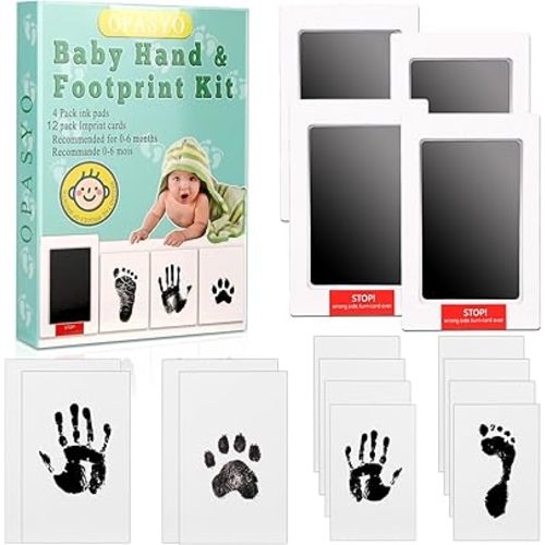 OPASYO 4 Pack Baby Footprint Kit & Dog Paw Print Kit,Inkless Hand and Footprint Kit for Newborns, Pets,Safe Non-Toxic Clean-Touch Ink Pad,12 Keepsake Cards, Washable & Mess-Free (Ink Black)