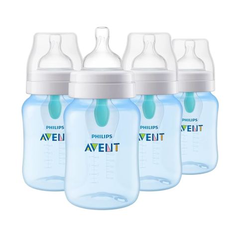 Philips Avent Anti-Colic Bottle with AirFree Vent, 9oz, with Flow 2 Nipples, 1m+, 4pk, Blue, SCY703/24