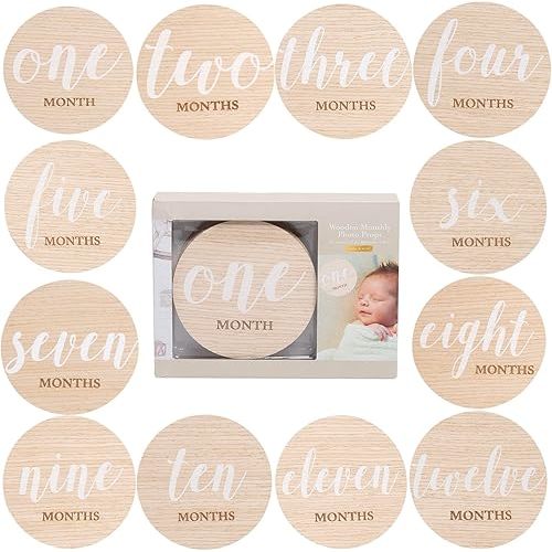 Kate & Milo Wooden Baby Monthly Milestone Discs, 12-Piece Double-Sided Month Markers with White Text for Newborn and Infant Photo Props