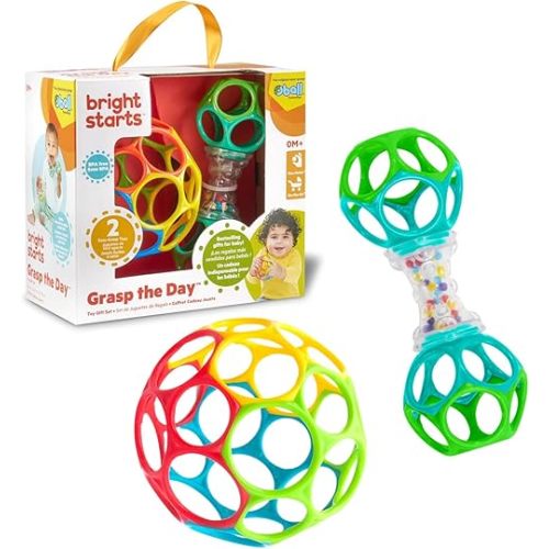 Bright Starts Easy-Grasp Oball Bundle Gift Set - Grasp The Day, Ball and Rattle Toys 2-Pack, BPA Free, Unisex, Newborn+