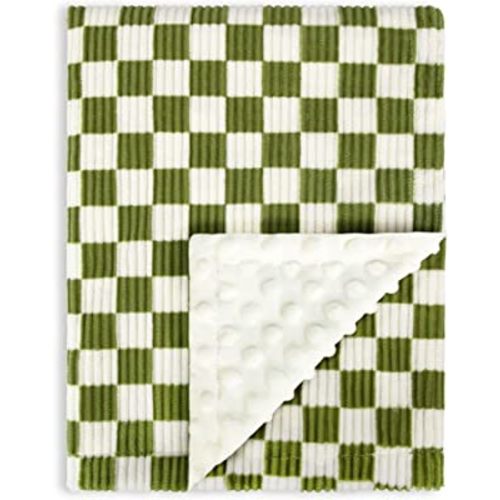 Ultra Soft Cozy Buffalo Checkerboard Grid Durable 3D Corduroy Baby Blanket with Dotted Backing Lightweight Checkered Blanket for Sofa AC-Room Bed Travel Avocado 30x40 Inches